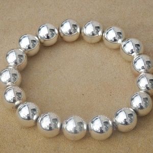 Big Metallic Silver Tone Ball Beaded Elastic Stretch Stacking Layering Bracelet